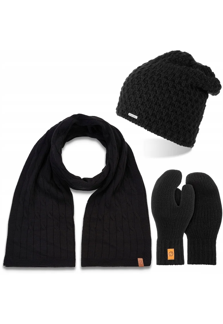 Set caciula, fular si manusi dama, Brodrene, Acril, Dimensiune universala, Negru