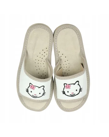 Papuci de casa pentru  Piele naturala, Hello Kitty, Alb