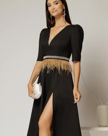 Rochie DY Fashion midi neagra cu cordon cu pene si perle in talie