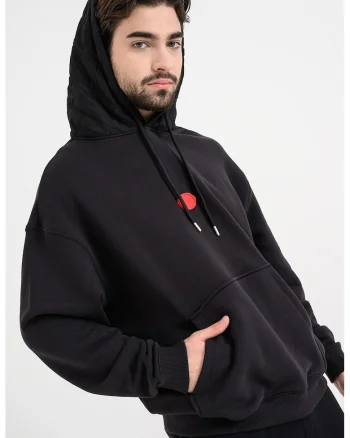 Hanorac cu logo stampila si buzunar kangaroo, Negru