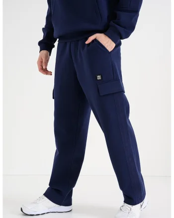 Pantaloni cargo de trening drepti cu snur, Albastru indigo