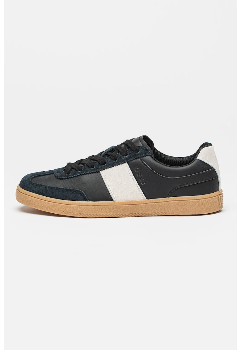 Pantofi sport low cut cu garnituri din piele intoarsa, Negru/Gri deschis