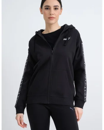 Hanorac relaxed-fit cu captuseala calduroasa si fermoar Essentials Tape, Negru