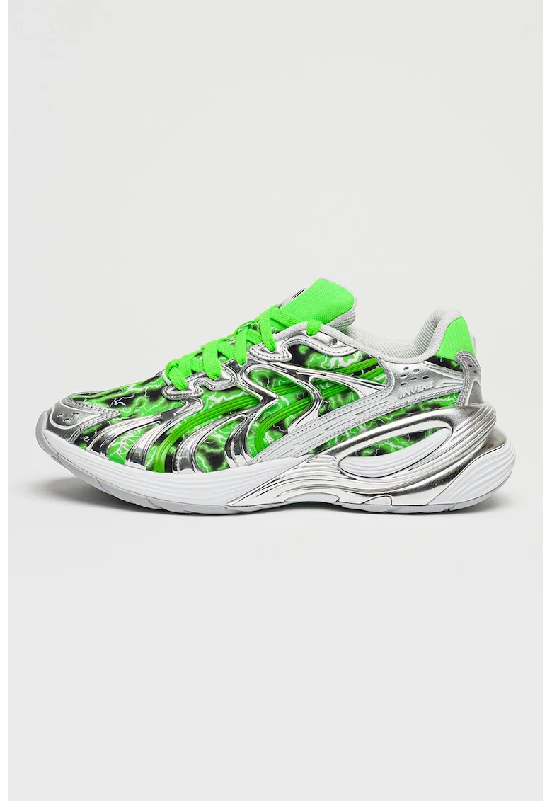 Pantofi sport wedge Inverse RIPNDIP cu strat exterior din piele, Verde electric/Argintiu