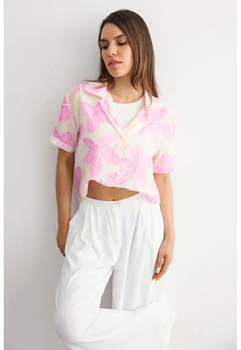 Camasa scurta  cu imprimeu floral, roz, organza, pentru primavara-vara
