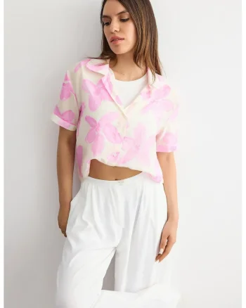 Camasa scurta  cu imprimeu floral, roz, organza, pentru primavara-vara