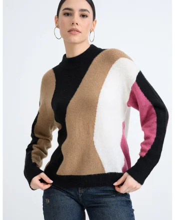 Pulover regular fit cu decolteu la baza gatului, Negru/Fucsia/Caramel