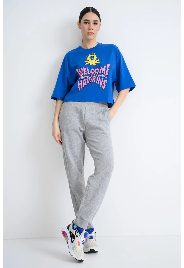 Tricou lejer de bumbac cu imprimeu text, Albastru royal