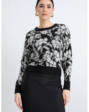 Pulover tricotat cu imprimeu floral, Negru/Alb murdar