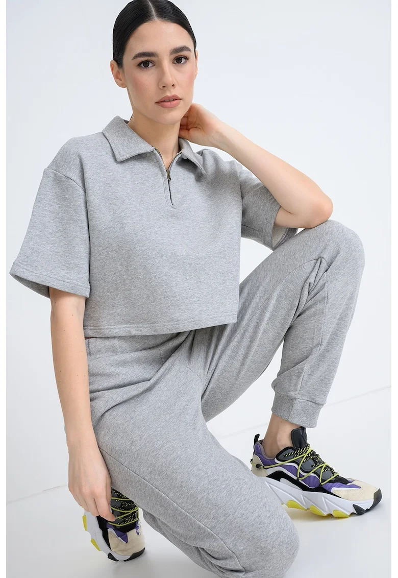 Tricou polo crop Ben, Gri melange