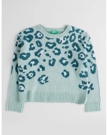 Pulover tricotat cu animal print, Verde deschis