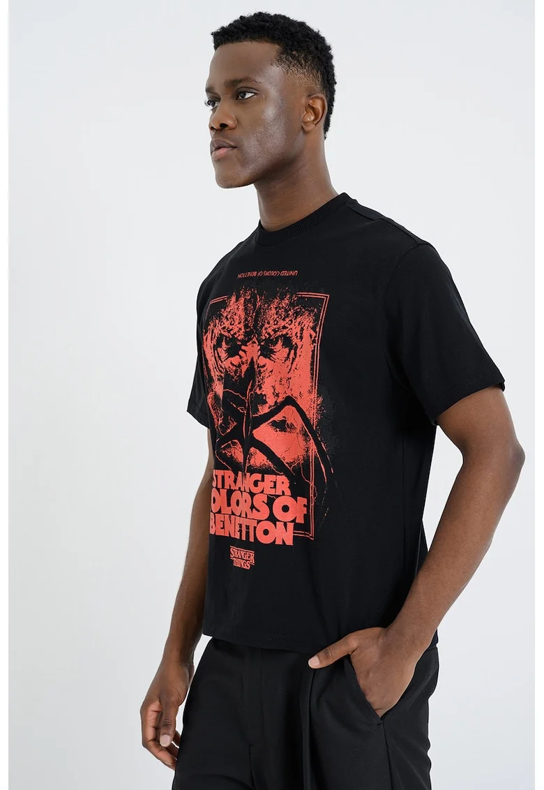 Tricou lejer cu imprimeu text frontal, Negru/Coral