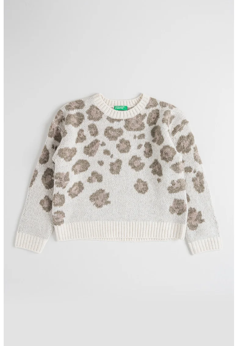 Pulover tricotat cu animal print, Kaki inchis/Alb murdar