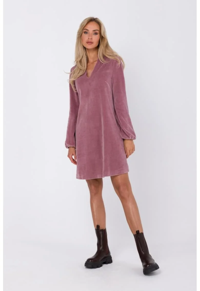 Rochie din velur cu decolteu in V,