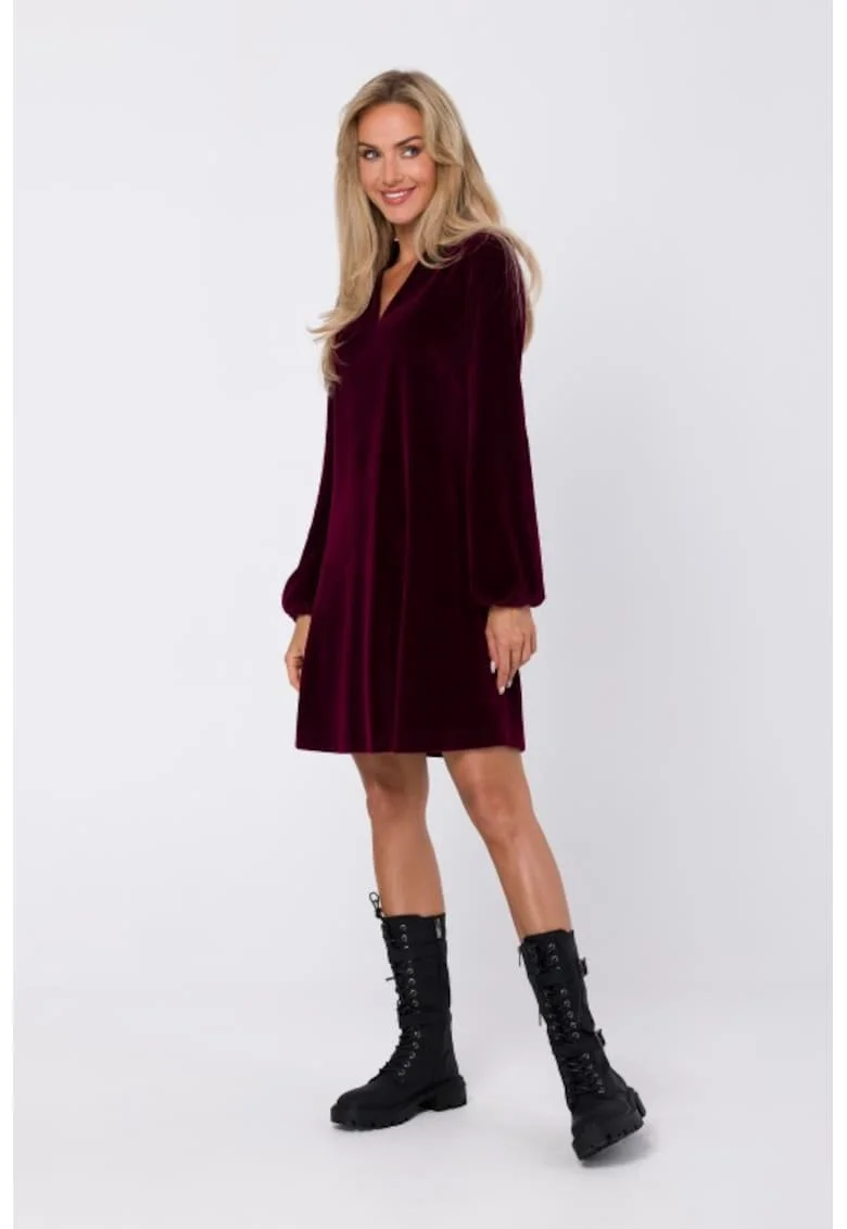 Rochie din velur cu decolteu in V,