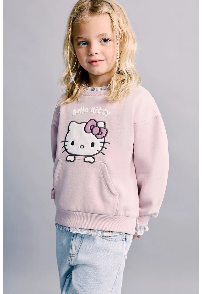 Bluza de trening cu buzunar kangaroo si broderie Hello Kitty, Alb/Roz pastel