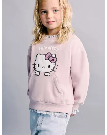 Bluza de trening cu buzunar kangaroo si broderie Hello Kitty, Alb/Roz pastel