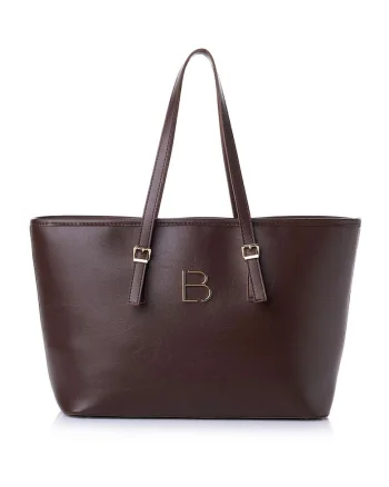 Geanta shopper  din piele ecologică cu logo metalic, Maro inchis, 25 x 42 x 15 cm