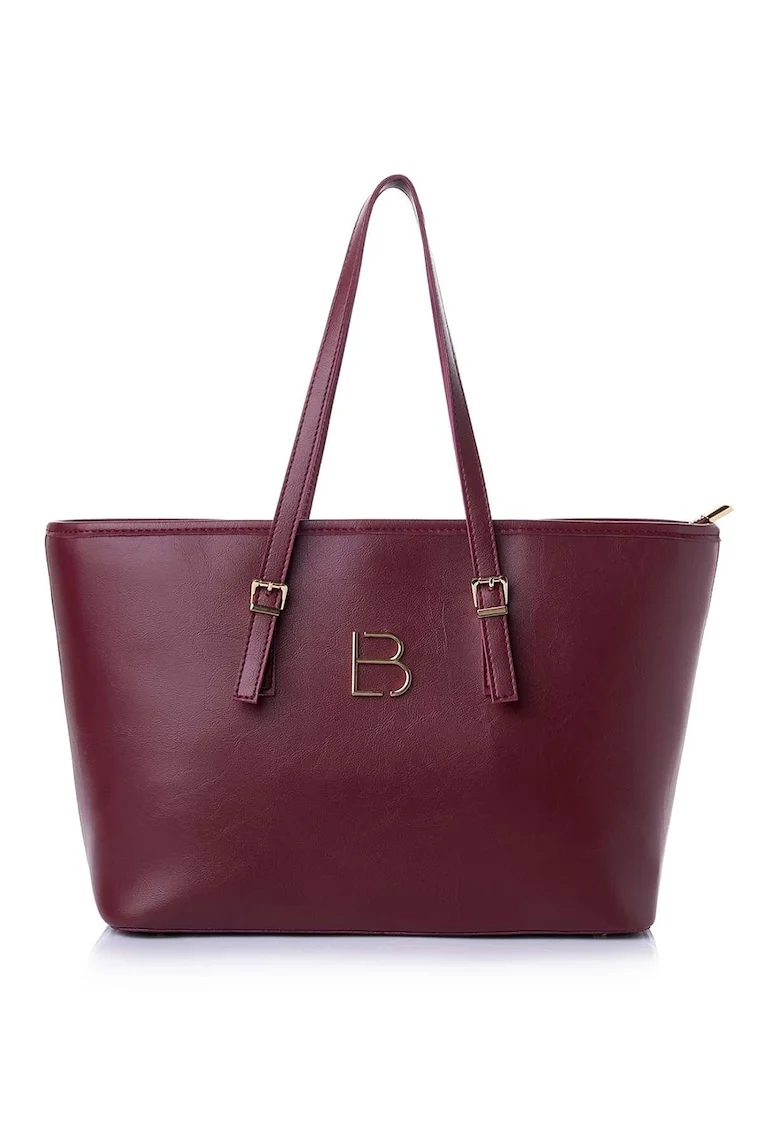 Geanta shopper  din piele ecologică cu logo metalic, Visiniu, 25 x 42 x 15 cm
