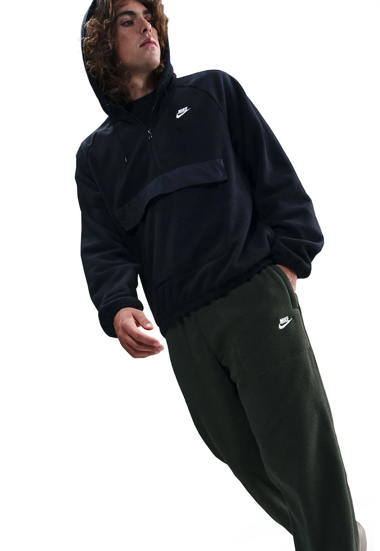 Pantaloni de trening din material fleece cu talie ajustabila Club, Alb/Verde inchis