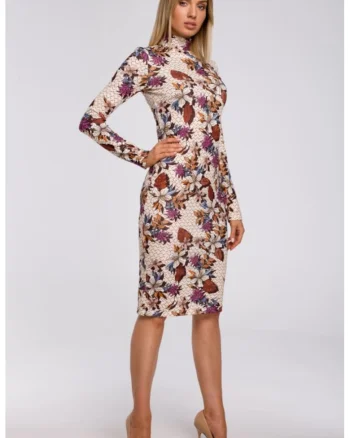 Rochie midi cu maneci lungi si guler inalt,, Multicolor