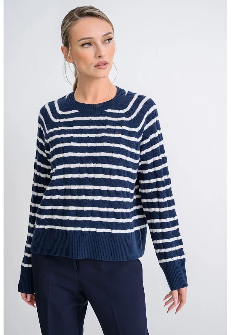 Pulover din lana cu design torsade, Alb/Bleumarin