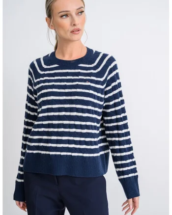Pulover din lana cu design torsade, Alb/Bleumarin