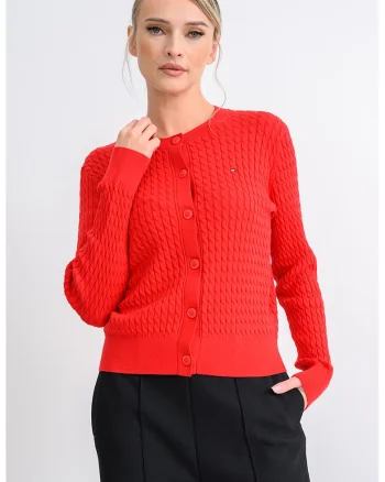Cardigan din bumbac organic cu design torsade si nasturi, Rosu