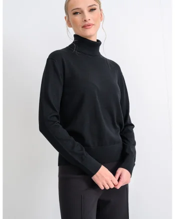 Pulover din amestec de lana cu guler inalt, Negru
