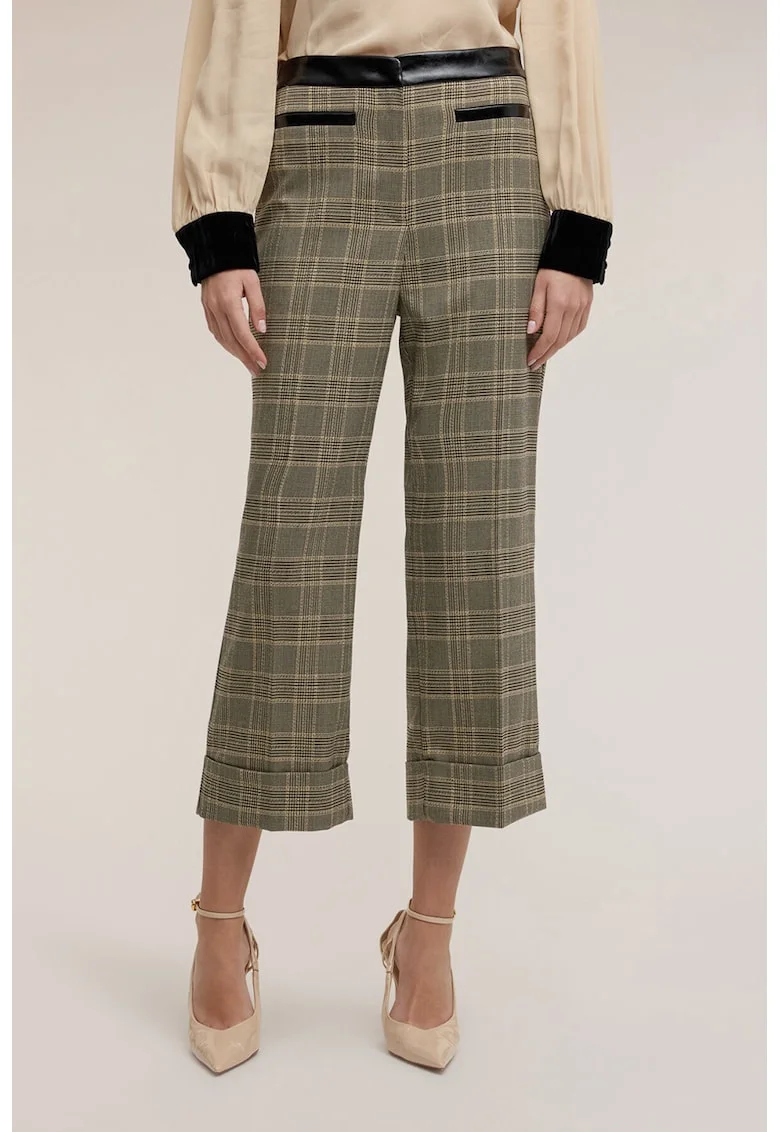 Pantaloni crop cu model in carouri si terminatie pliabila, Negru/Kaki
