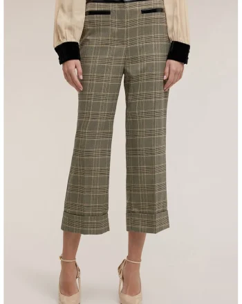 Pantaloni crop cu model in carouri si terminatie pliabila, Negru/Kaki