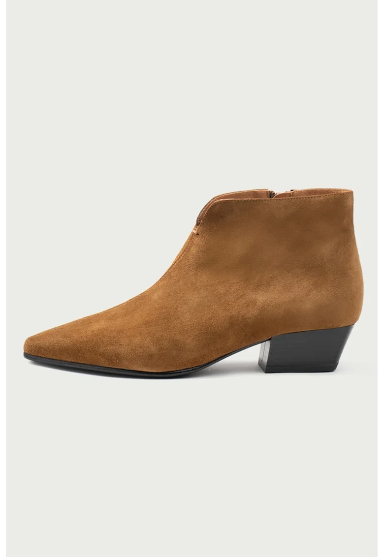 Botine din piele intoarsa cu toc cuban, Caramel
