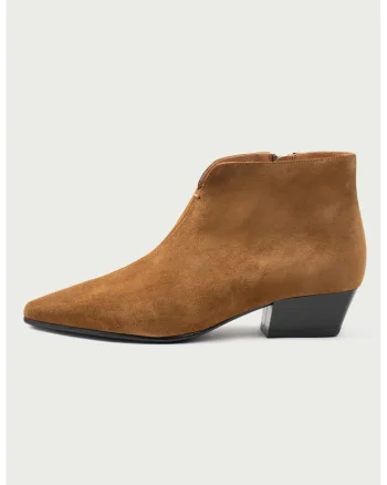 Botine din piele intoarsa cu toc cuban, Caramel