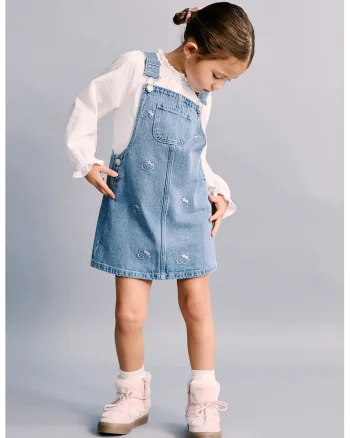 Sarafan cu broderie Hello Kitty, Albastru deschis