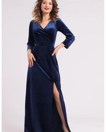Rochie lunga din catifea cu slit lateral, Bleumarin