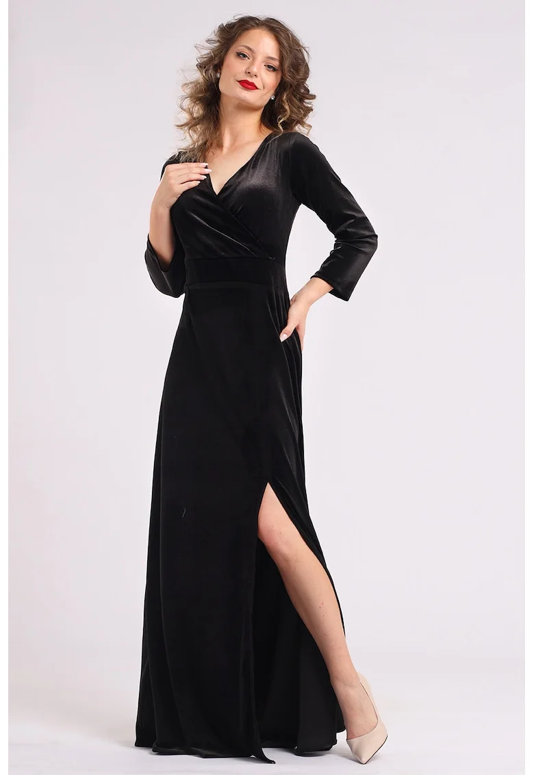 Rochie lunga din catifea cu slit lateral, Negru
