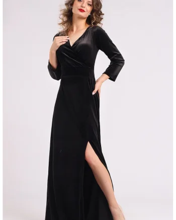 Rochie lunga din catifea cu slit lateral, Negru