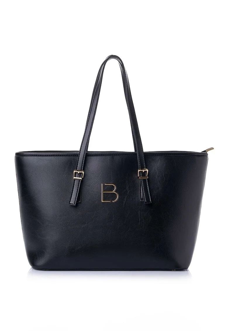 Geanta shopper  din piele ecologică cu logo metalic, Negru, 25 x 42 x 15 cm