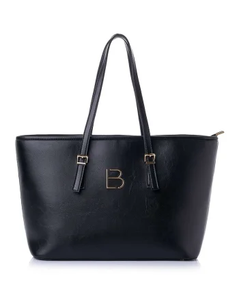 Geanta shopper  din piele ecologică cu logo metalic, Negru, 25 x 42 x 15 cm