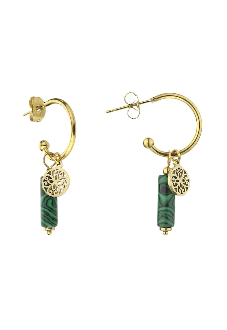 Cercei drop cu pietre artificiale de malachit, Auriu/Verde englez