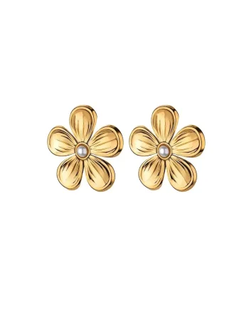 Cercei aurii, din otel inoxidabil, forma de floare, cu perlute, suflati cu aur 18k, Derek C5, Auriu