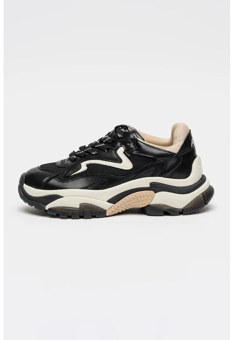Pantofi sport din piele si plasa cu talpa masiva, Alb/Negru
