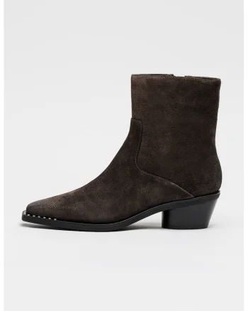 Botine cowboy din piele intoarsa cu aplicatie cu tinte, Maro inchis