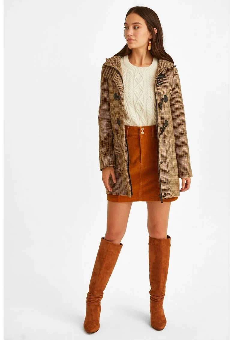 Palton din amestec de lana cu model in carouri si gluga, Caramel