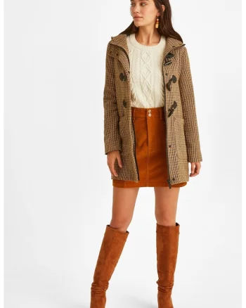 Palton din amestec de lana cu model in carouri si gluga, Caramel