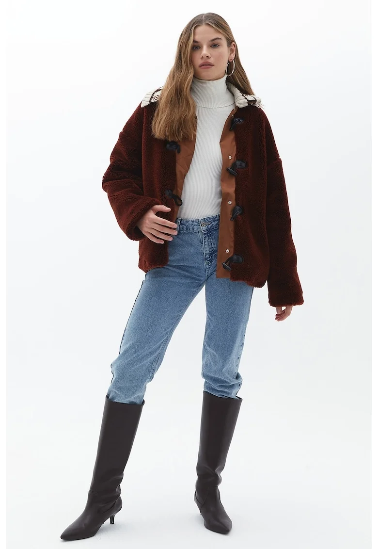 Palton scurt din blana shearling, Rosu inchis