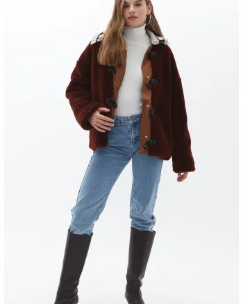 Palton scurt din blana shearling, Rosu inchis