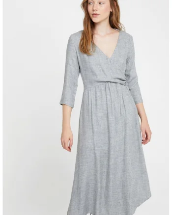Rochie midi cu decolteu in V, Gri melange
