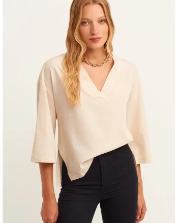 Bluza lejera din amestec de lyocell cu maneci 3/4, Crem