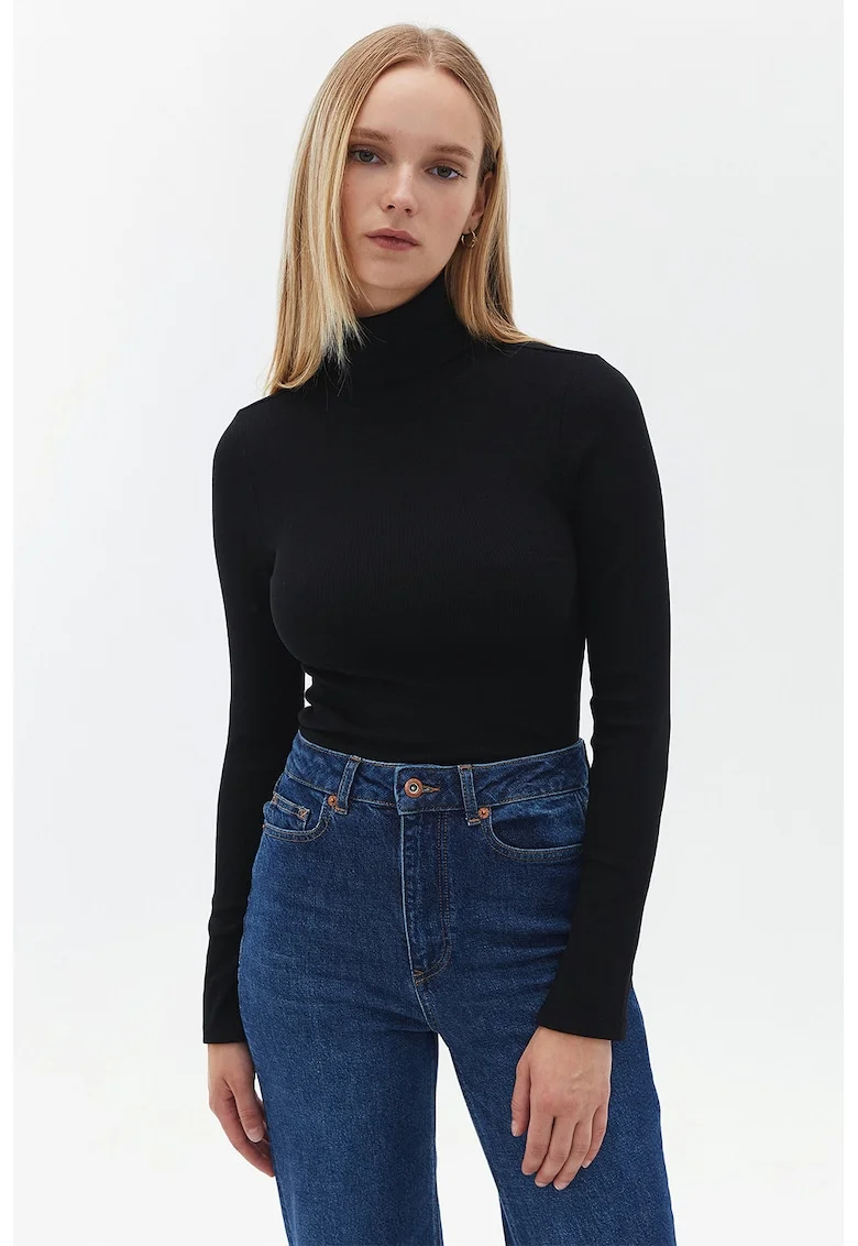 Bluza din amestec de bumbac cu guler inalt